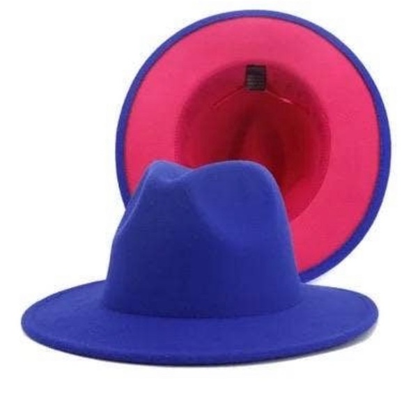 Two Color Blue + Pink Felt Flat Brim Fashion Fedora Hat - Picture 4 of 4